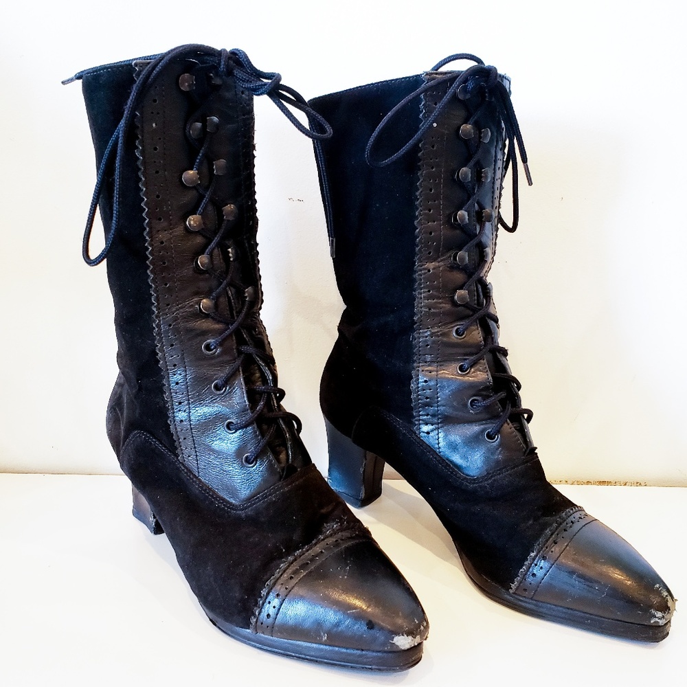 Vintage 90s Goth Black Suede Leather Lace Up Boots